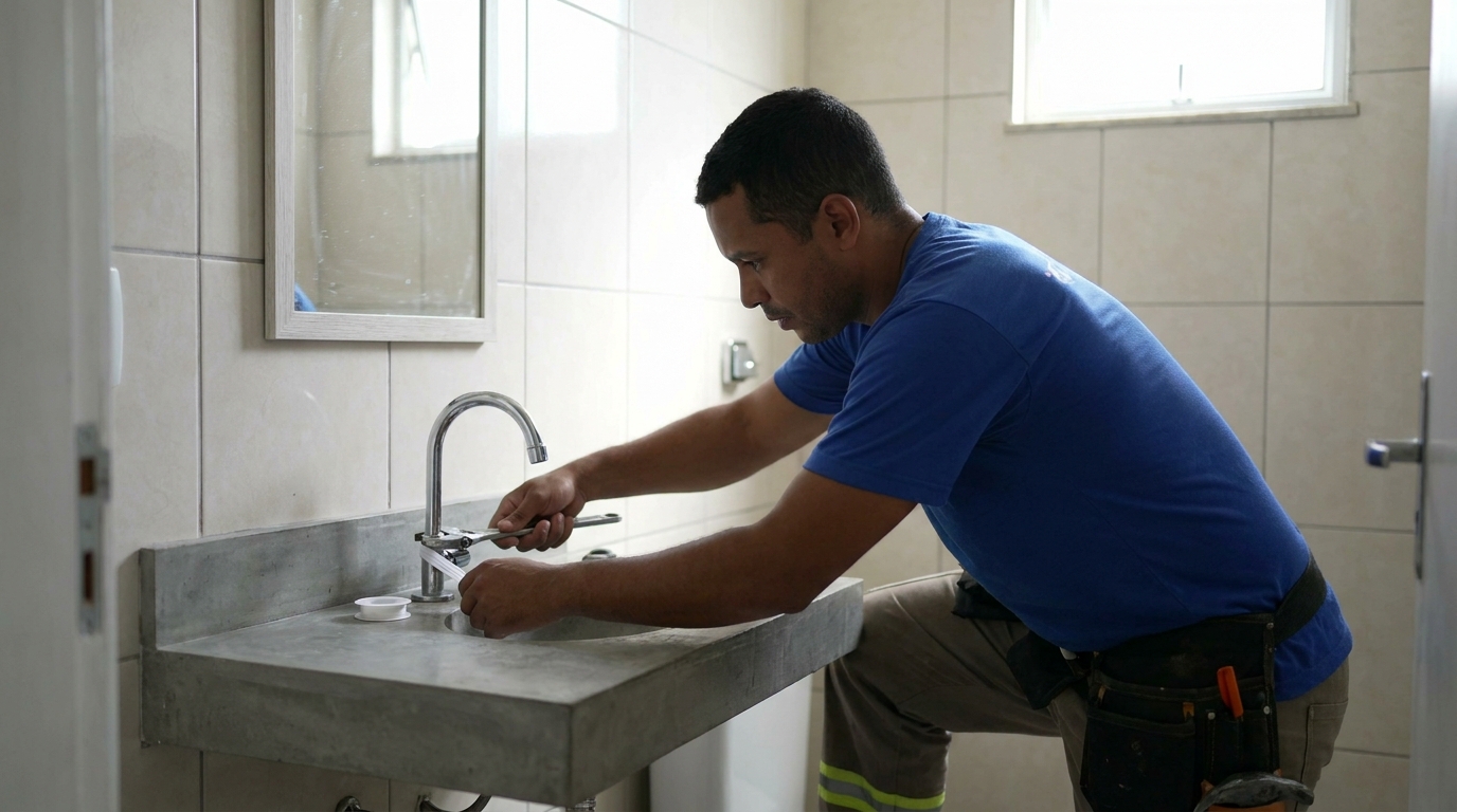 Encanador instalando torneira em Limeira‑SP